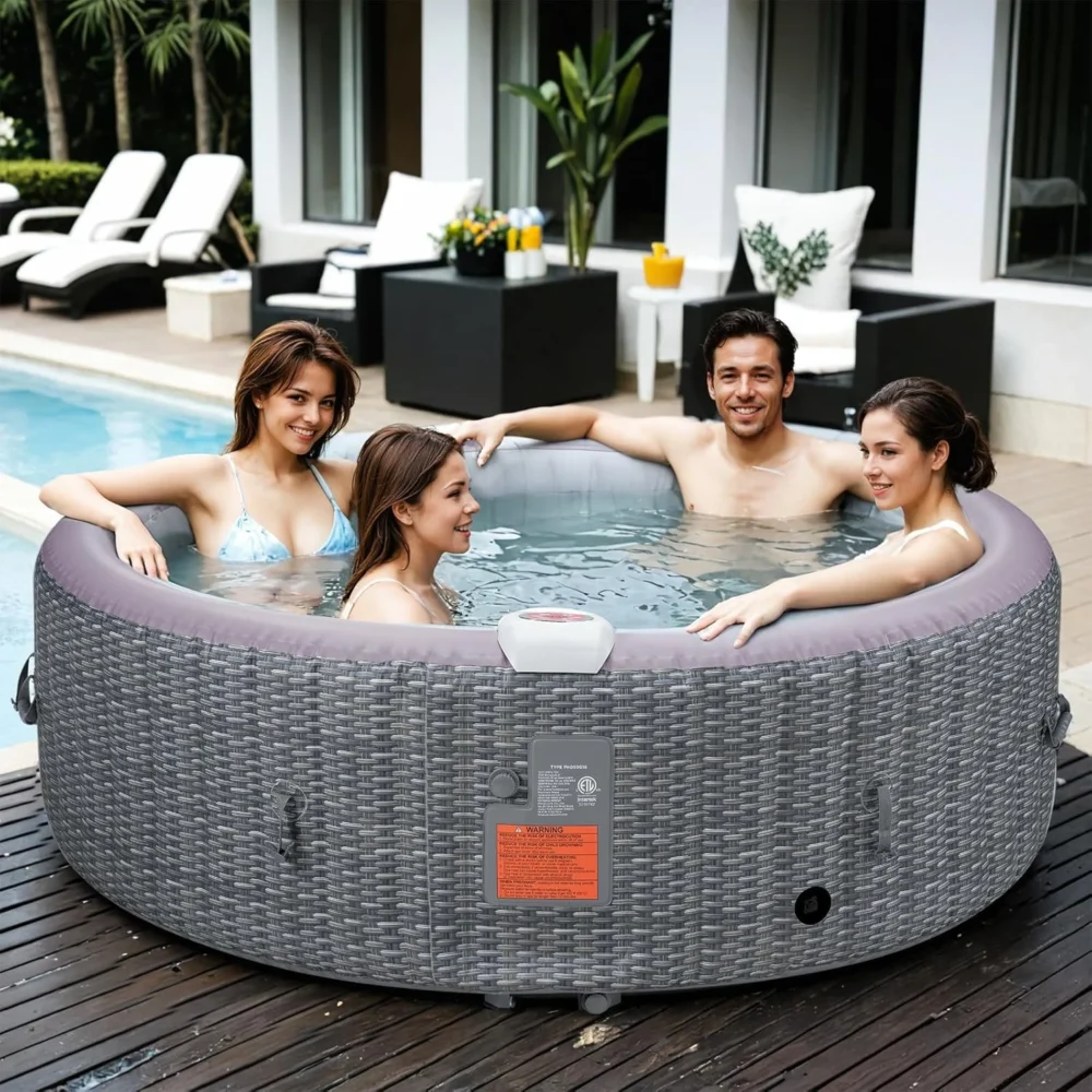 Inflatable Hot Tub for 3-4 People, Round Portable Outdoor Spa with 100 Soothing Bubble Jets, 65" x 28", Smart Heating up to 104°F, with Insulated Cover, Heater Pump, 4 Filters