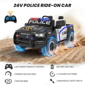 24V Police Car Toys for Big Kids, Licensed RAM 1500 RHO 2 Seater Electric Car with Remote Control, Toddler Ride on Cars w/4 Wheels Suspension, Sirens, Bluetooth (Midnight Black)