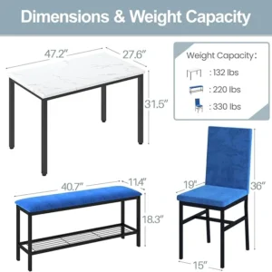 Dining Table Set for 4, 47.2" Modern Faux Marble Table, 2 Upholstered Velvet Chairs with Reinforced Structure, 1 Bench with Storage Metal Net, for Small Kitchen, Apartment Room(Blue)