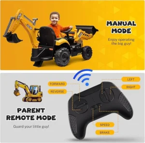 24V JCB Ride on Excavator, Ride on Construction Vehicles, with Remote Control, Bulldozer, Digging Arm, Sand Digger and Backhoe Shovel Bucket, for Kids 4-8,1.8-3.4Mph, Slow Start, No Roof