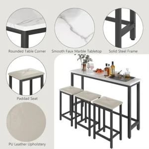 Bar Table Set with 3 Stools,Counter Height Long Bar Table,Strong Metal Frame,Upholstered Stools,Easy Assembly,Modern Style,Suitable for Restaurants,Pub,Apartment,60.2IN