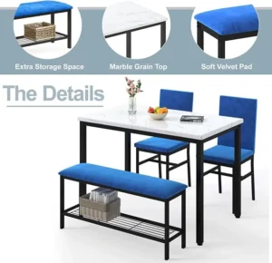 Dining Table Set for 4, 47.2" Modern Faux Marble Table, 2 Upholstered Velvet Chairs with Reinforced Structure, 1 Bench with Storage Metal Net, for Small Kitchen, Apartment Room(Blue)