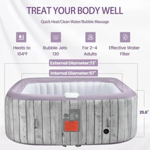 73" Inflatable Hot Tub,4-6 Person,Portable Outdoor Spa with 130 Soothing Bubble Jets,Control Panel,Insulated Cover and 6 Replaceable Filters,Smart Heating,110-120V Input (Square)