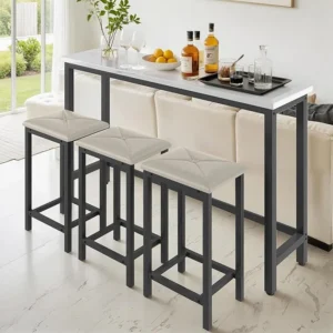 Bar Table Set with 3 Stools,Counter Height Long Bar Table,Strong Metal Frame,Upholstered Stools,Easy Assembly,Modern Style,Suitable for Restaurants,Pub,Apartment,60.2IN
