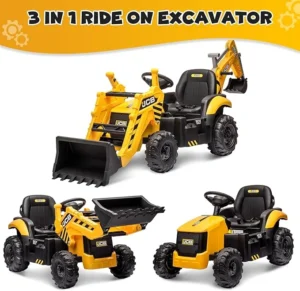 24V JCB Ride on Excavator, Ride on Construction Vehicles, with Remote Control, Bulldozer, Digging Arm, Sand Digger and Backhoe Shovel Bucket, for Kids 4-8,1.8-3.4Mph, Slow Start, No Roof