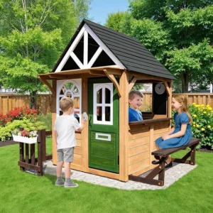 Kids Playhouse Outdoor,Cedar Gray Wooden Play House for Kids Ages 3-8,Interactive Doorbell, Kitchen Counter with Utensils, Sink, Window Boxes for Flowers (Brown)