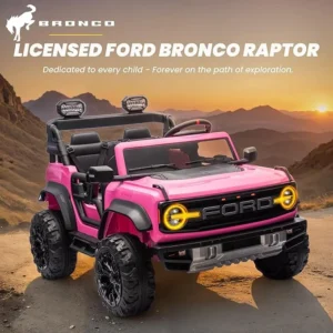 24v Ride On Toy for Big Kids,2-4.3 Mph,Ford Bronco Raptor Licensed Electric 2 Seater Ride On Car with Remote Control,Off-Road Wheels,Bluetooth Music Player,Spring Suspension,Safety Belts,Pink