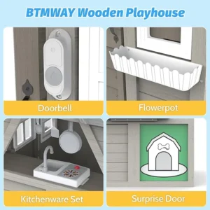 Kids Outdoor Playhouse,Cedar Gray Wooden Play House for Kids Ages 3-8, with Play Kitchen, Interactive Doorbell, Toy Phone, Sink, Flowerpot