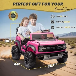 24v Ride On Toy for Big Kids,2-4.3 Mph,Ford Bronco Raptor Licensed Electric 2 Seater Ride On Car with Remote Control,Off-Road Wheels,Bluetooth Music Player,Spring Suspension,Safety Belts,Pink