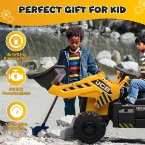 24V JCB Ride on Excavator, Ride on Construction Vehicles, with Remote Control, Bulldozer, Digging Arm, Sand Digger and Backhoe Shovel Bucket, for Kids 4-8,1.8-3.4Mph, Slow Start, No Roof