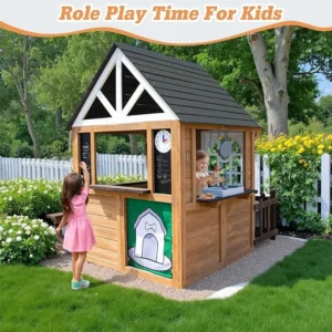 Kids Playhouse Outdoor,Cedar Gray Wooden Play House for Kids Ages 3-8,Interactive Doorbell, Kitchen Counter with Utensils, Sink, Window Boxes for Flowers (Brown)
