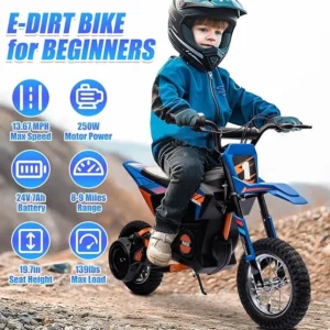 Electric Dirt Bike for Kids,24V Electric Motorcycle,13.67MPH Beginners Friendly,8-9 Miles Range,Power Display,Pneumatic Knobby Tires,Rear Spring Suspension,Chain Protective Cover (Blue)