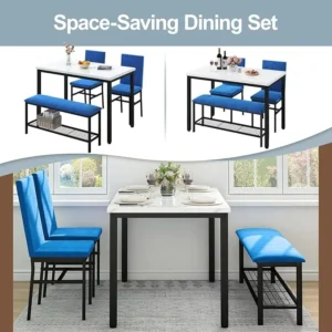 Dining Table Set for 4, 47.2" Modern Faux Marble Table, 2 Upholstered Velvet Chairs with Reinforced Structure, 1 Bench with Storage Metal Net, for Small Kitchen, Apartment Room(Blue)