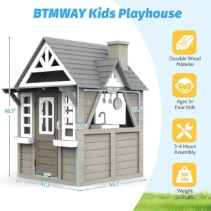 Kids Outdoor Playhouse,Cedar Gray Wooden Play House for Kids Ages 3-8, with Play Kitchen, Interactive Doorbell, Toy Phone, Sink, Flowerpot