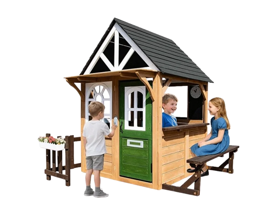 Kids Playhouse Outdoor,Cedar Gray Wooden Play House for Kids Ages 3-8,Interactive Doorbell, Kitchen Counter with Utensils, Sink, Window Boxes for Flowers (Brown)