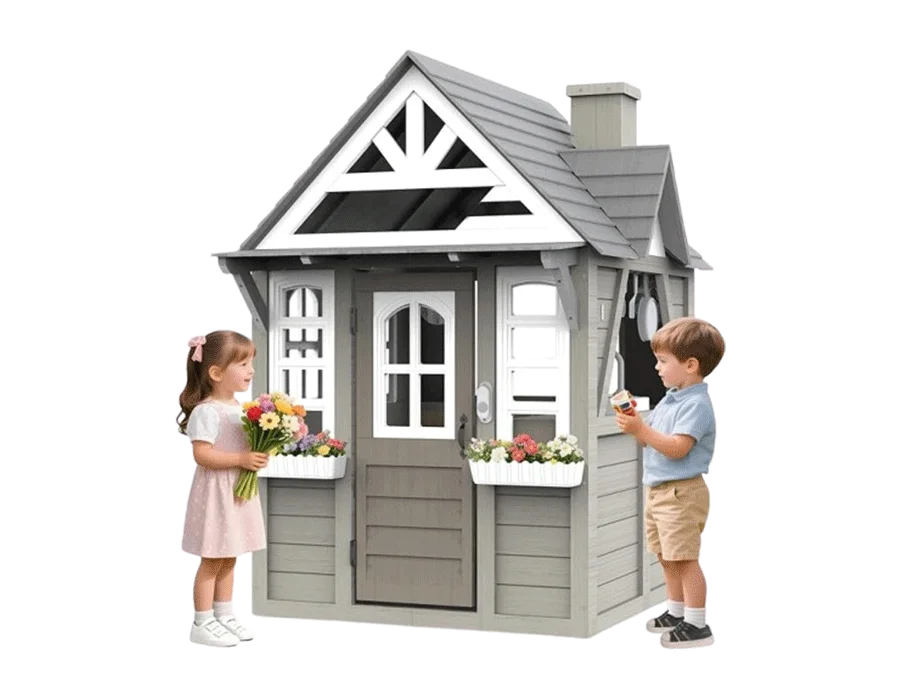 Kids Outdoor Playhouse,Cedar Gray Wooden Play House for Kids Ages 3-8, with Play Kitchen, Interactive Doorbell, Toy Phone, Sink, Flowerpot