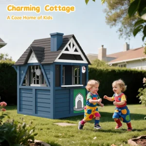 Kids Playhouse Outdoor,Cedar Gray Wooden Play House for Kids Ages 3-8,Interactive Doorbell