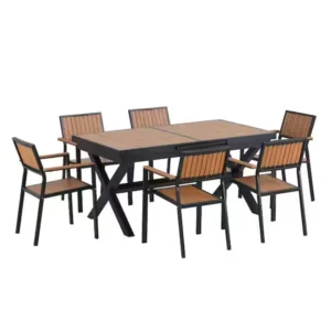 Black 7-Piece Plastic American Style Outdoor Dining Table Set with Extendable Table and 6 Chairs