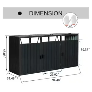 94 in. W x 31 in. D x 48 in. H Black Galvanized Steel Trash Can Storage, Outdoor Metal Garbage Shed, Bin Shed