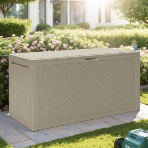 90 Gal. Khaki Upgraded Resin Deck Box, All-Weather Fall-Inspired Corn Maze Look Outdoor Storage Box with Side Handle