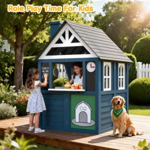 Kids Playhouse Outdoor,Cedar Gray Wooden Play House for Kids Ages 3-8,Interactive Doorbell