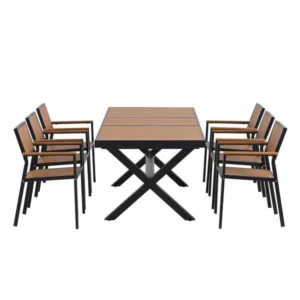 Black 7-Piece Plastic American Style Outdoor Dining Table Set with Extendable Table and 6 Chairs
