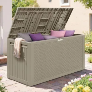 90 Gal. Khaki Upgraded Resin Deck Box, All-Weather Fall-Inspired Corn Maze Look Outdoor Storage Box with Side Handle