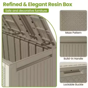 90 Gal. Khaki Upgraded Resin Deck Box, All-Weather Fall-Inspired Corn Maze Look Outdoor Storage Box with Side Handle