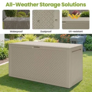 90 Gal. Khaki Upgraded Resin Deck Box, All-Weather Fall-Inspired Corn Maze Look Outdoor Storage Box with Side Handle