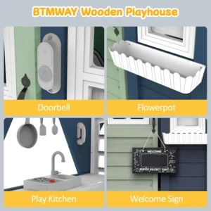 Kids Playhouse Outdoor,Cedar Gray Wooden Play House for Kids Ages 3-8,Interactive Doorbell