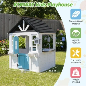 Kids Playhouse Outdoor,Cedar Wooden Play House for Kids Ages 3-8,with Dutch Door, Play Kitchen