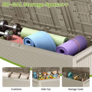 90 Gal. Khaki Upgraded Resin Deck Box, All-Weather Fall-Inspired Corn Maze Look Outdoor Storage Box with Side Handle