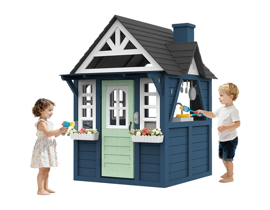 Kids Playhouse Outdoor,Cedar Gray Wooden Play House for Kids Ages 3-8,Interactive Doorbell