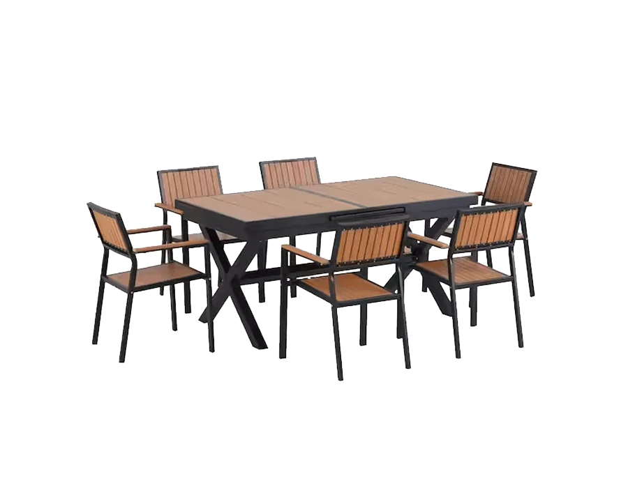 Black 7-Piece Plastic American Style Outdoor Dining Table Set with Extendable Table and 6 Chairs