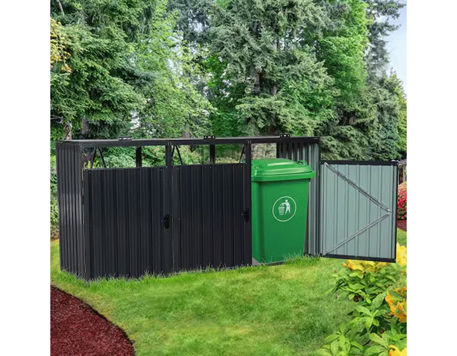 94 in. W x 31 in. D x 48 in. H Black Galvanized Steel Trash Can Storage, Outdoor Metal Garbage Shed, Bin Shed