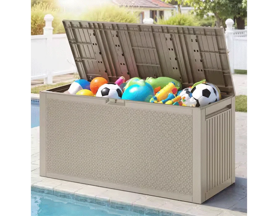 90 Gal. Khaki Upgraded Resin Deck Box, All-Weather Fall-Inspired Corn Maze Look Outdoor Storage Box with Side Handle